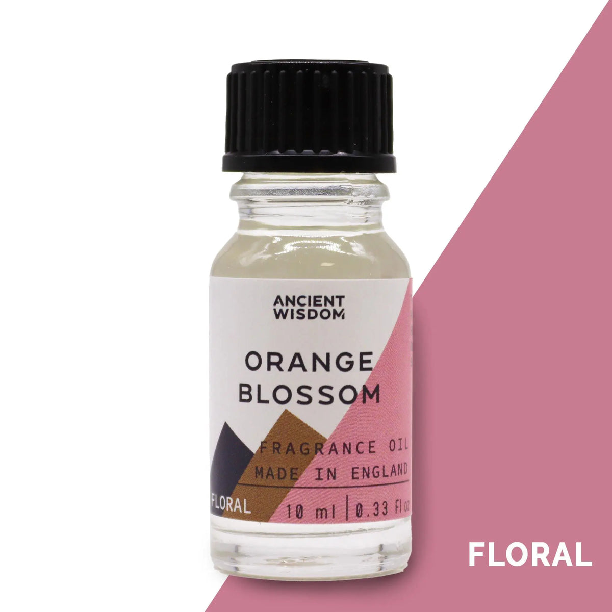 Frasco de vidrio de 10ml con tapa negra y etiqueta decorada con tonos rosa y marrón para aceite de flor de naranja