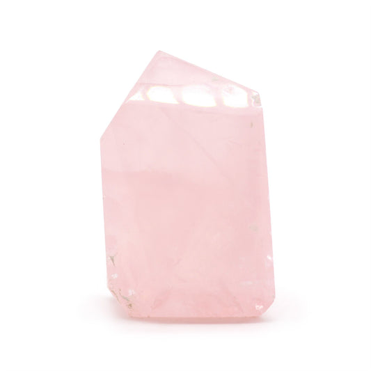Cristal de cuarzo rosa, forma puntiaguda, color rosa suave, ideal para decoración y terapia energética.