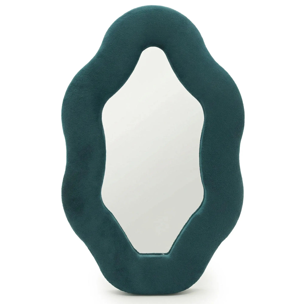 Espejo orgánico verde esmeralda con borde de terciopelo, diseño moderno y elegante para decoración interior.