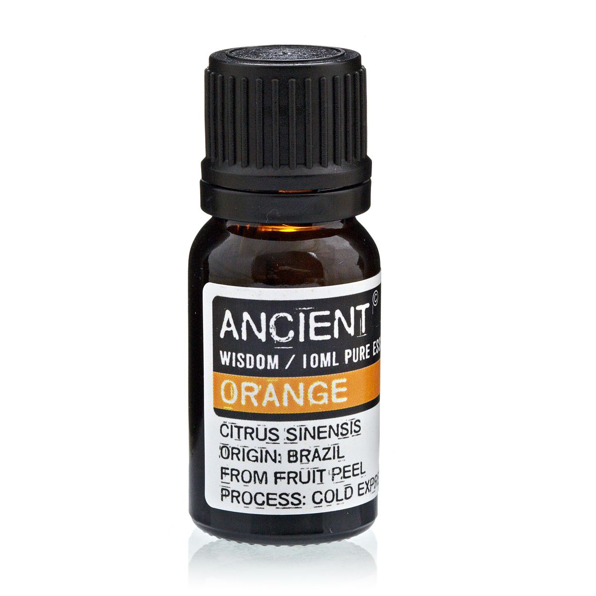 Aceite esencial de naranja, frasco ámbar, 10 ml, aroma fresco y cítrico, originario de Brasil.