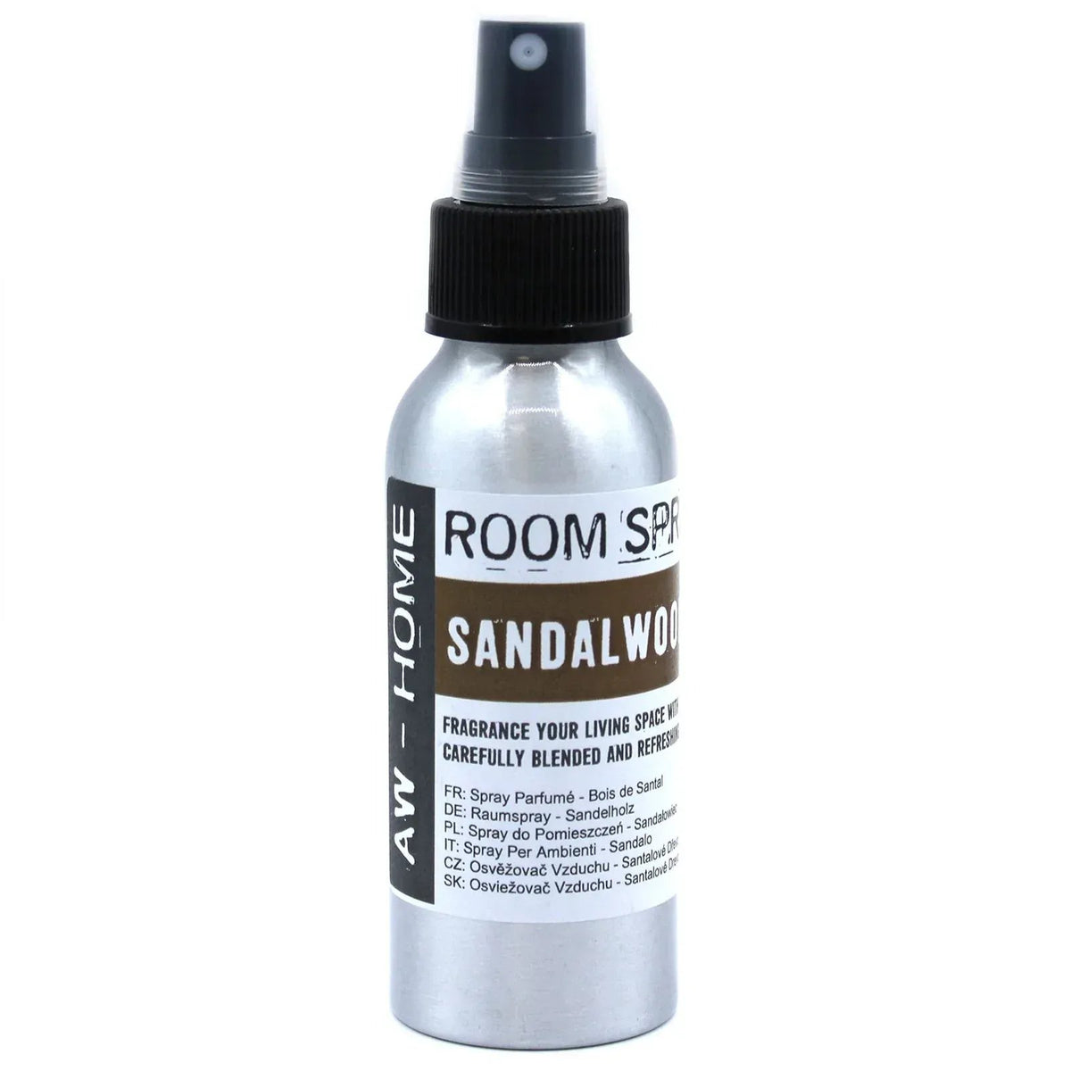 Spray de ambiente de 100ml en botella de aluminio plateado con dosificador negro y etiqueta informativa.