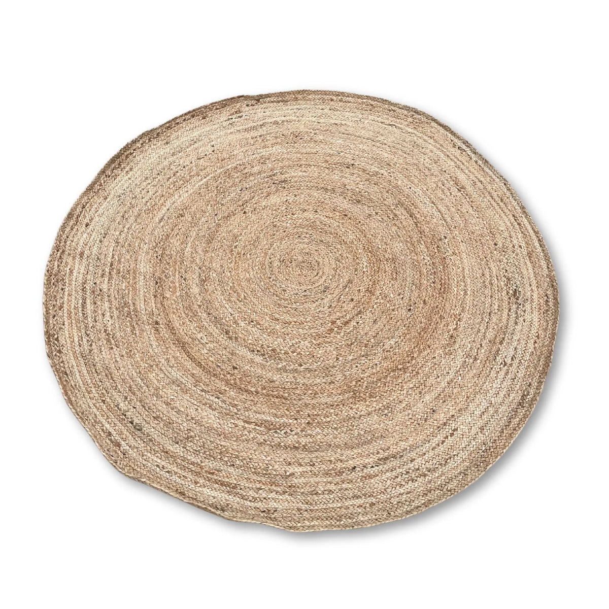 Alfombra redonda artesanal de 150 cm tejida en yute natural y fibras de algodón reciclado con textura trenzada.