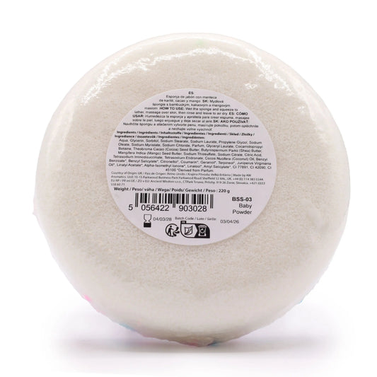 Esponja de jabón exfoliante con mantequilla - aroma polvo para bebé | 230 g
