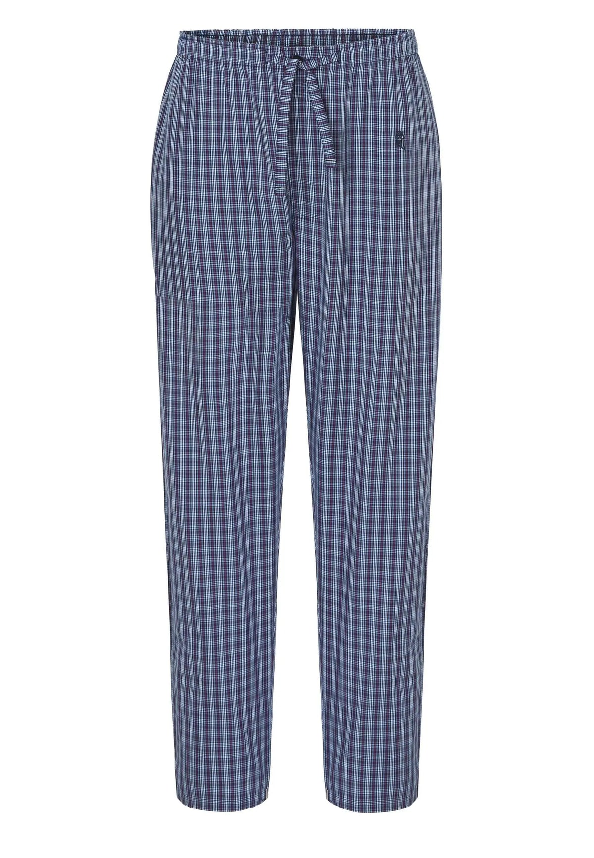 Pantalón de pijama largo para hombre de algodón, estampado de cuadros en tonos azules y rojos con cintura elástica.