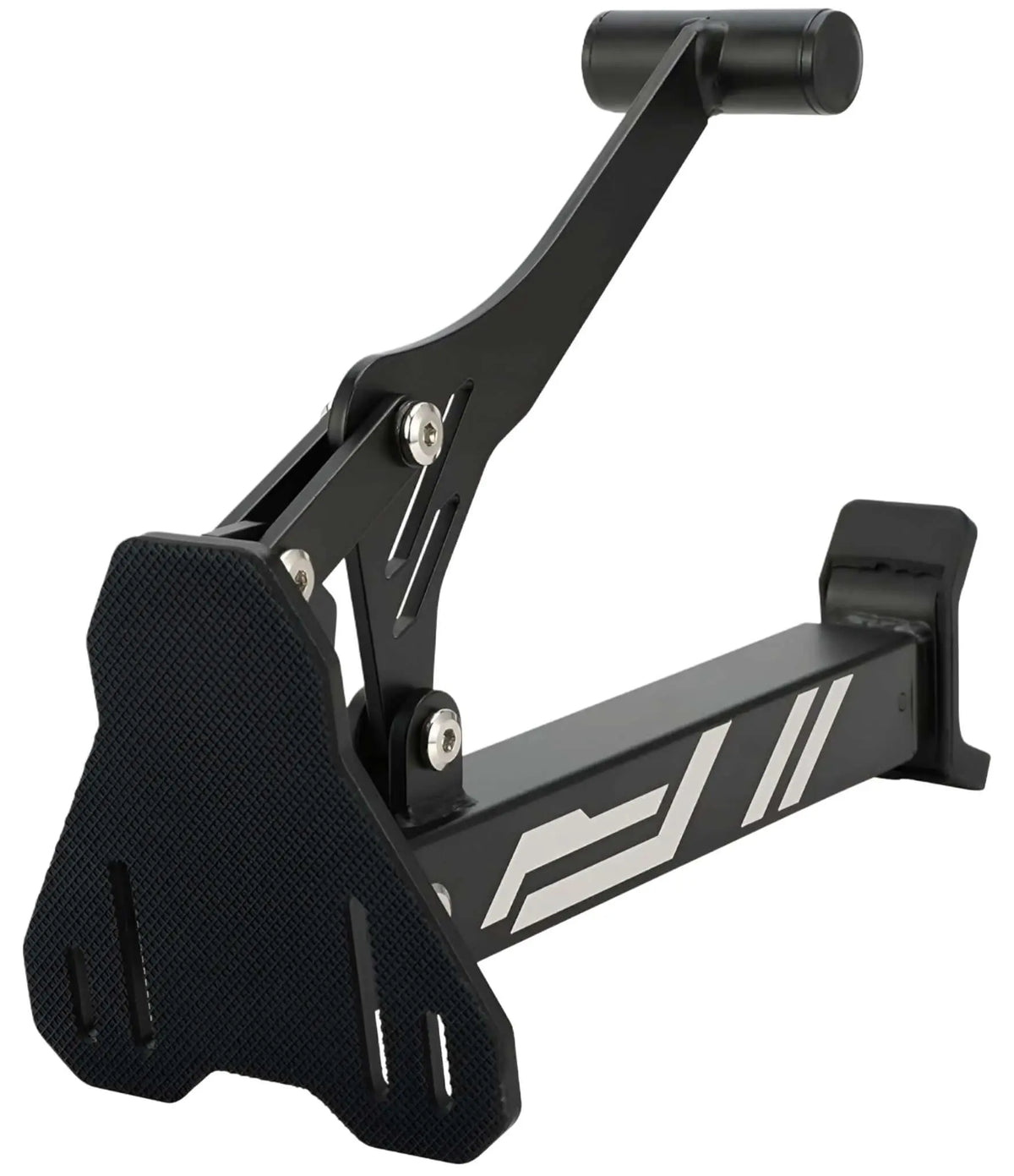 Caballete Compacto PRO de ChuchesMoto: soporte de acero negro con base antideslizante y diseño articulado robusto.