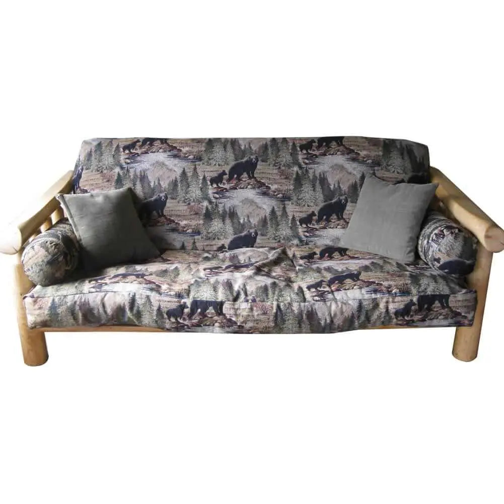 Futon with rustic bear and forest scene tapestry fabric, featuring two matching bolster pillows and solid wood frame.