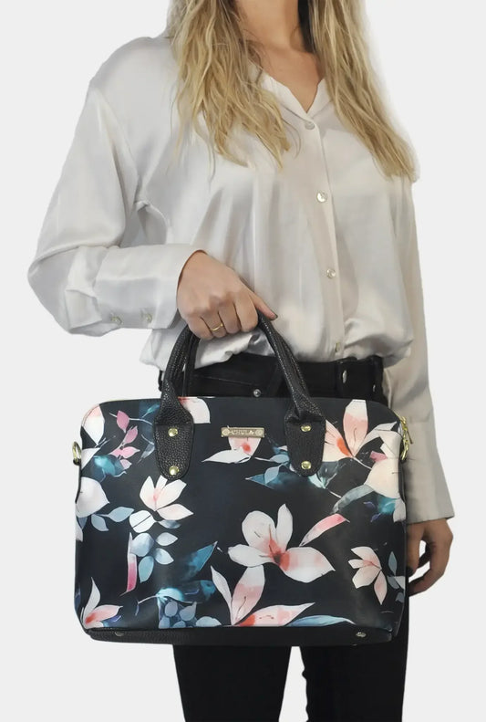 Bolso de mano y bandolera grande Lucia Flor Negro Beige | CHULA Tulum