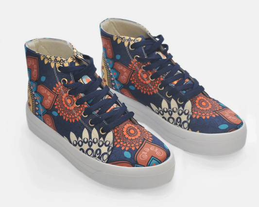 Botas Urbanas Altas de Mujer Flores Mandala azul - Moda Sostenible | CHULA Tulum