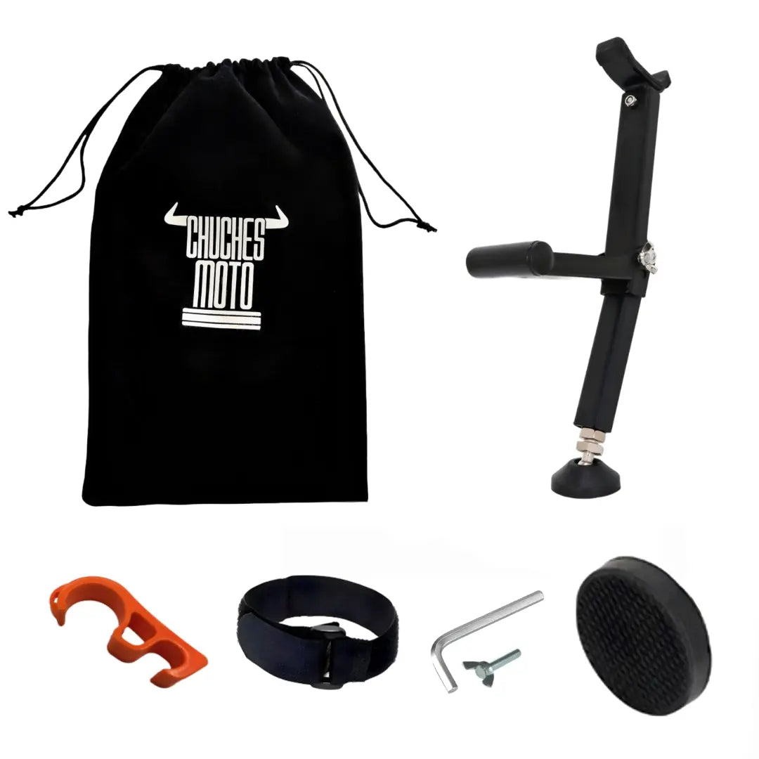 Black moto tool kit with adjustable stand, orange hook, strap, and storage bag for motorcycle maintenance.