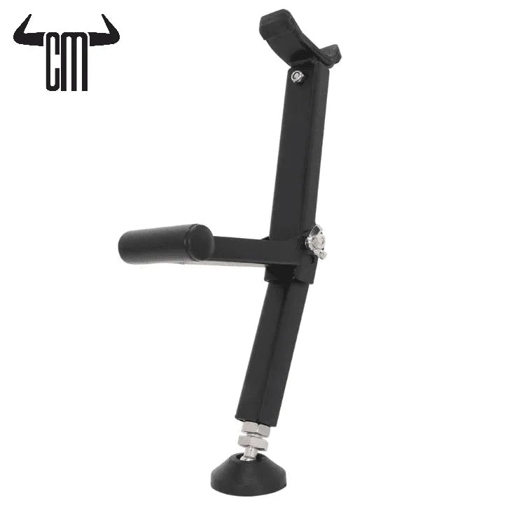 Black metal motorcycle kickstand with adjustable height and sturdy rubber base for enhanced stability.