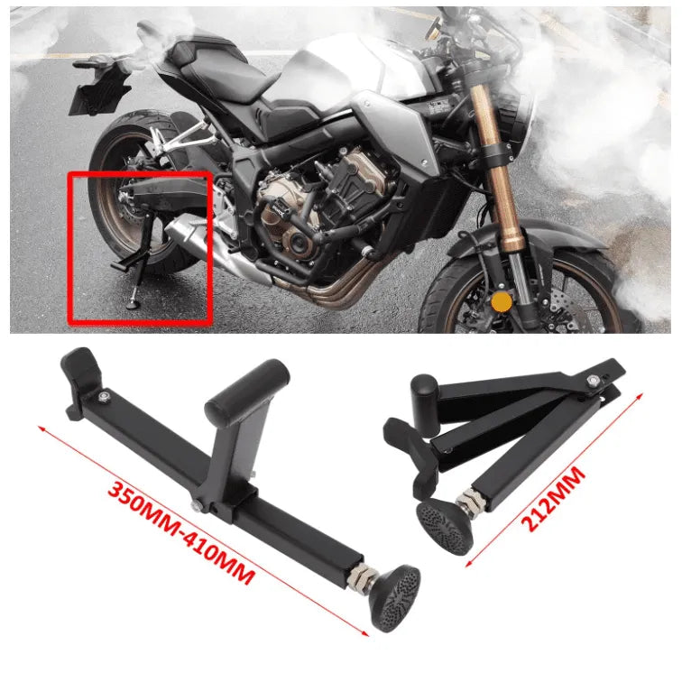 Black adjustable motorcycle stand with rubber feet for stability, fits 350mm to 410mm and 212mm sizes.