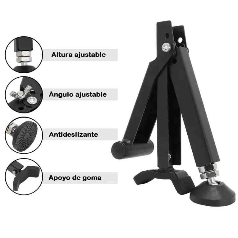 Black adjustable tripod with rubber support, featuring height and angle adjustability, perfect for stable photography.