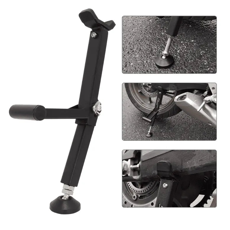 Black adjustable motorcycle stand with rubber base for stability, ideal for maintenance and parking.