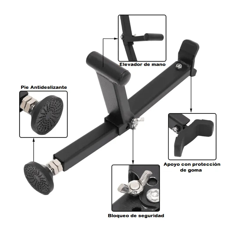 Black metal adjustable support stand with rubber grips and anti-slip feet for stability and security.