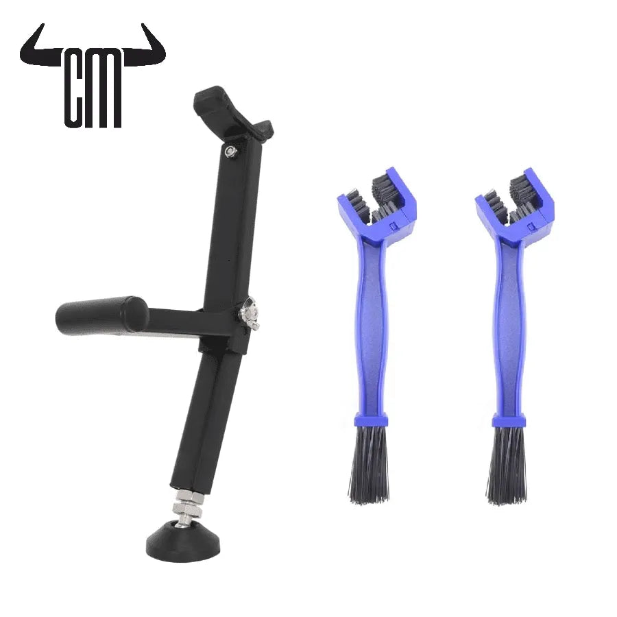 Black bike tire lever set with two blue brushes, ideal for maintaining bike cleanliness and performance.
