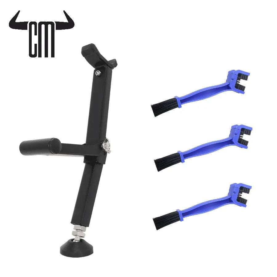 Black adjustable cleaning tool with three blue brushes, ideal for automotive detailing and maintenance.