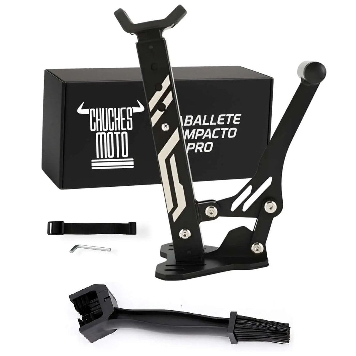 Caballete Compacto PRO de ChuchesMoto en metal negro con accesorios, caja de marca y cepillo de limpieza para cadena.