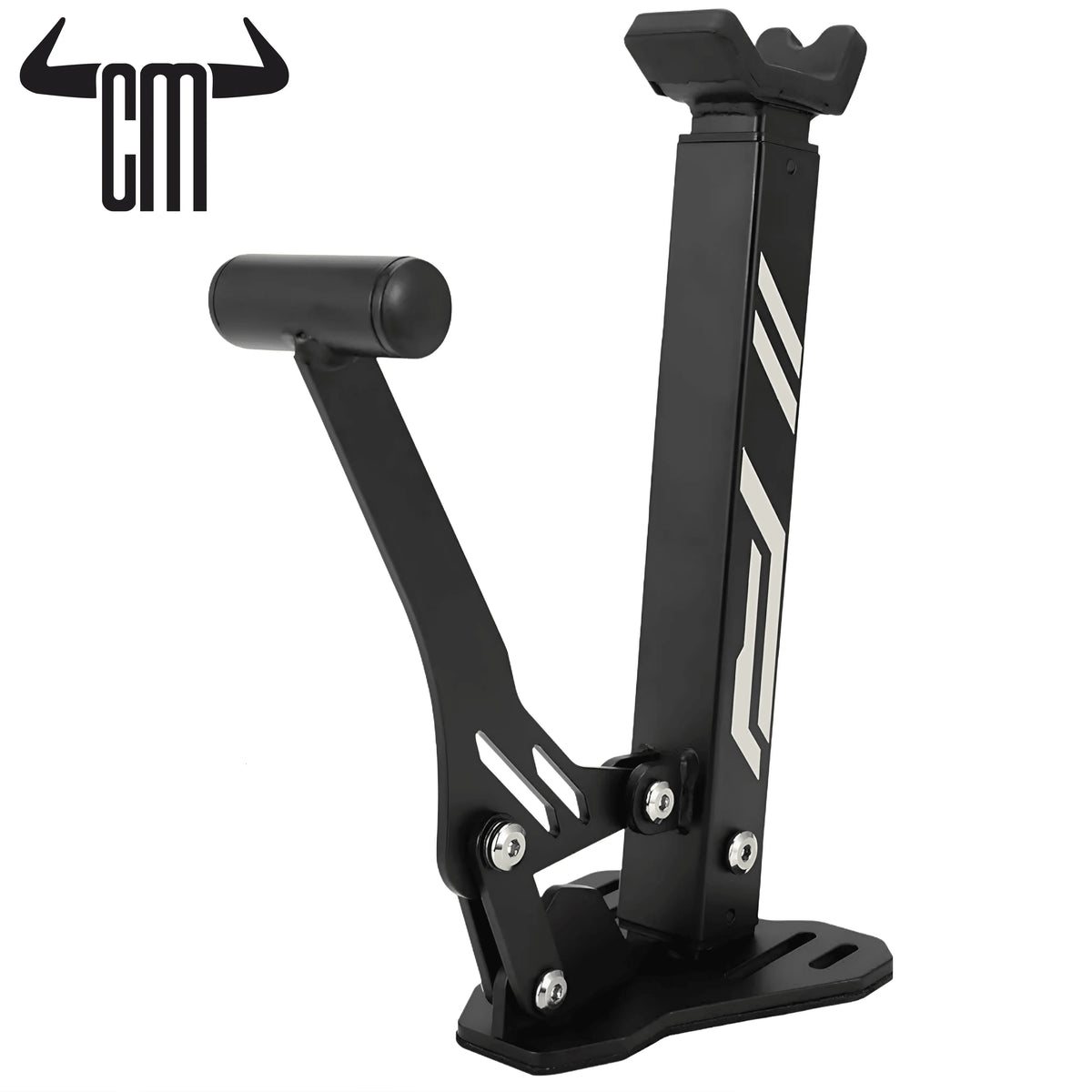 Caballete Compacto PRO de ChuchesMoto: elevador metálico negro plegable con base estable y soporte de goma superior.