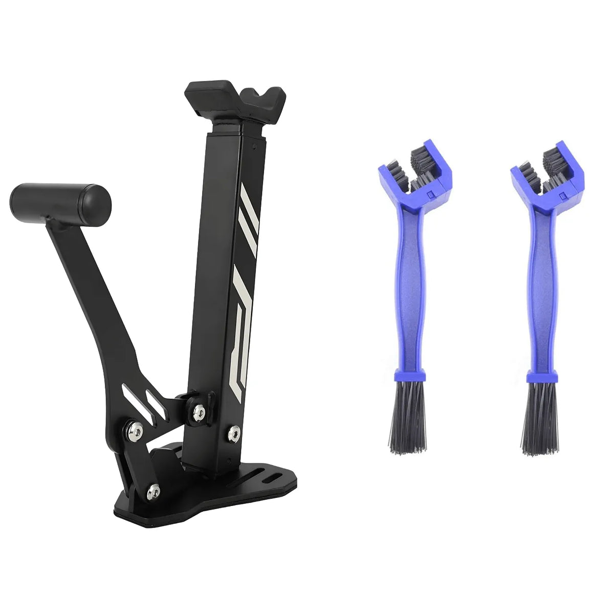 Caballete Compacto PRO negro de acero con soporte ajustable y dos cepillos de limpieza azules para cadena de moto.
