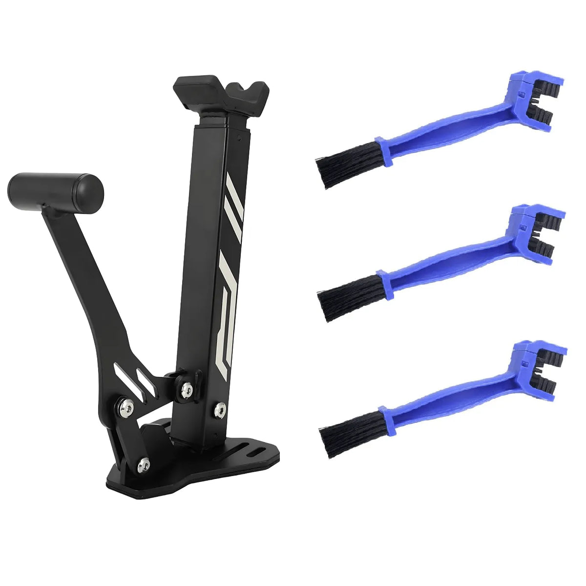 Caballete Compacto PRO negro de acero con soporte y tres cepillos de limpieza azules para cadena de moto.