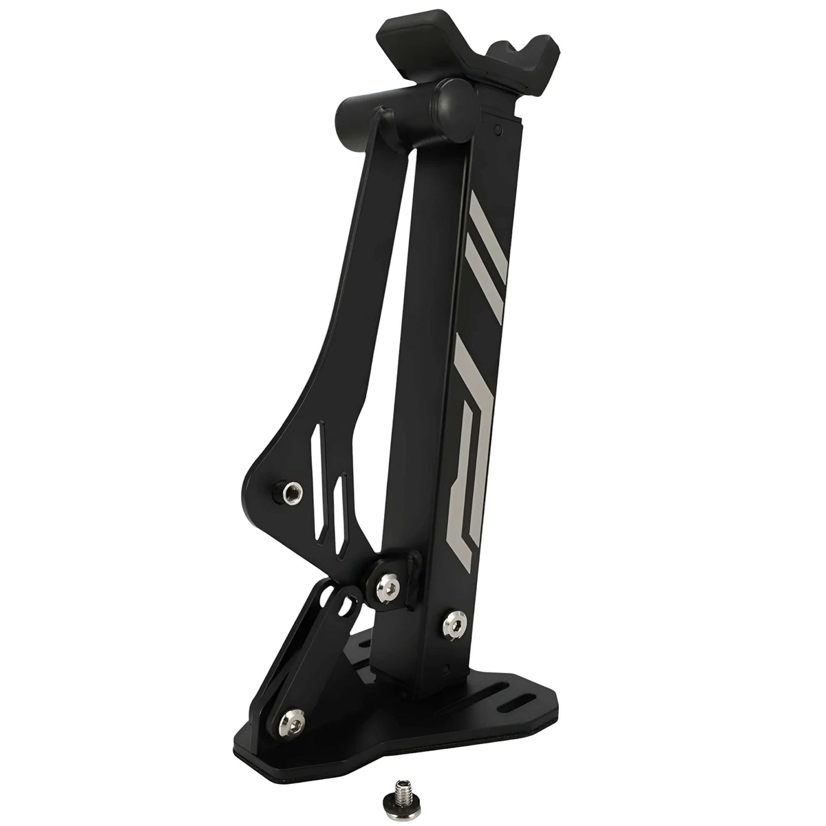 Caballete Compacto PRO de ChuchesMoto: soporte metálico negro ajustable para moto con base plana y detalles en plata.