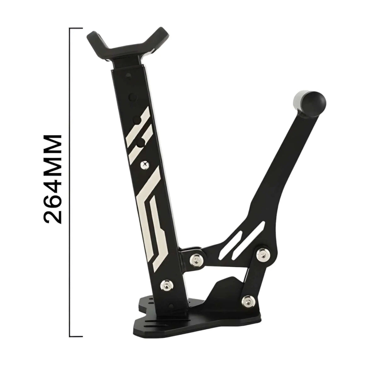 Caballete Compacto PRO de ChuchesMoto: soporte metálico negro ajustable de 264mm con diseño técnico y base estable.