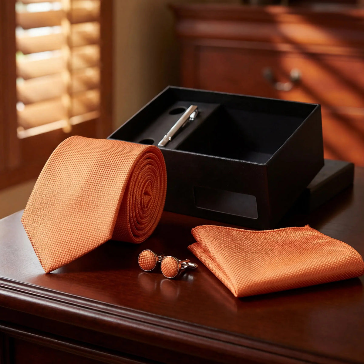 Cagliari · conjunto de corbata naranja con pañuelo de bolsillo, gemelos y pasador de corbata