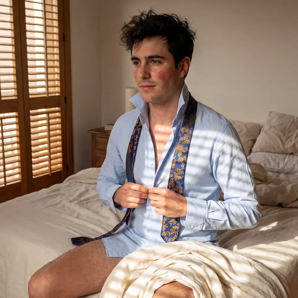 Chambord · conjunto de corbata con estampado paisley azul y naranja con pañuelo, gemelos y pasador