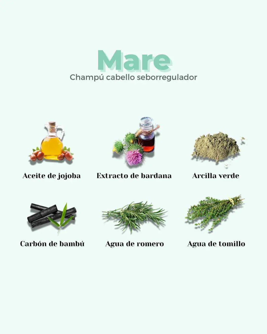 Infografía de Banbu para el champú Mare: muestra sus seis ingredientes naturales sobre un fondo verde claro.