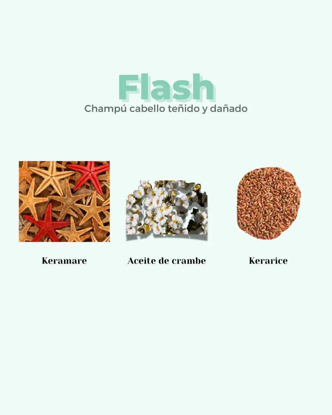 Imagen del champú sólido Banbu Flash para cabello dañado, mostrando sus ingredientes naturales: estrellas, flores y arroz.
