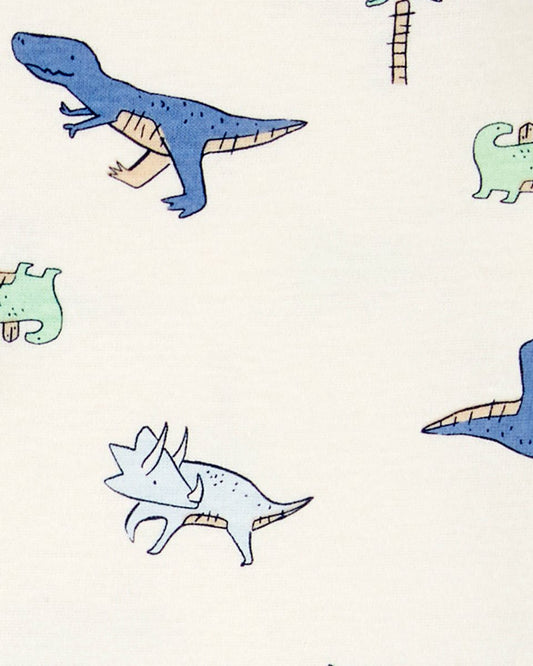 Conjunto de tres piezas en azul con rayas y estampado de dinosaurio