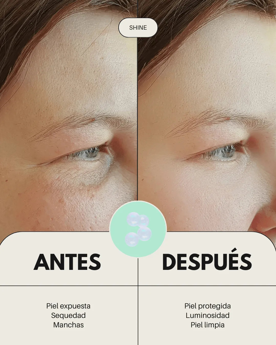 Comparativa antes y después del uso de crema facial Banbu SHINE, mostrando una piel más luminosa e hidratada.