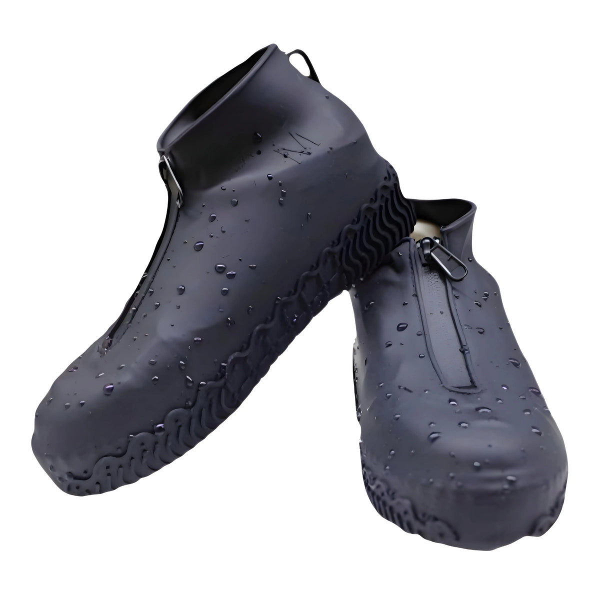 Black waterproof ankle boots with zipper, featuring a textured sole and water droplets for added durability.