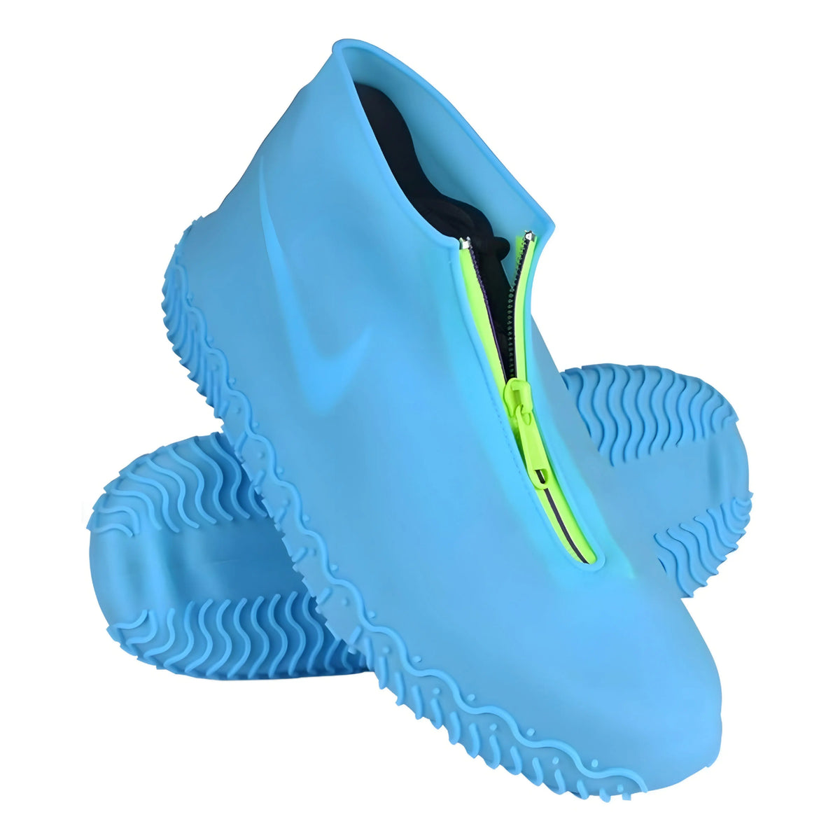 Blue Nike slip-on shoes with a smooth rubber exterior and a neon green zip closure for a stylish, contemporary look.