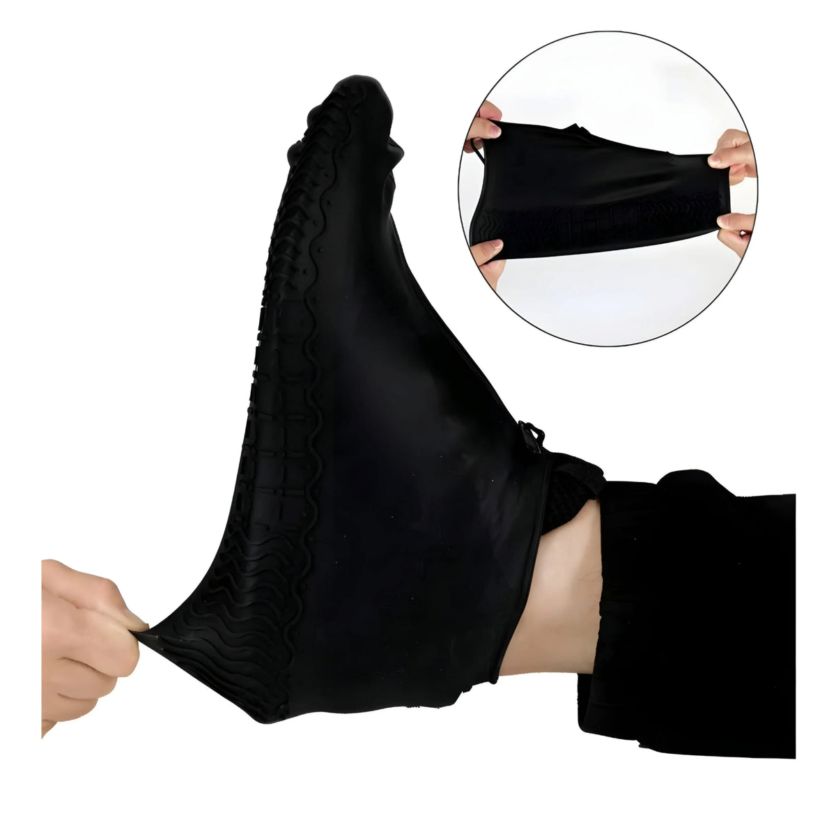 Black silicone waterproof shoe covers with stretchable design and textured sole for secure grip and durability.