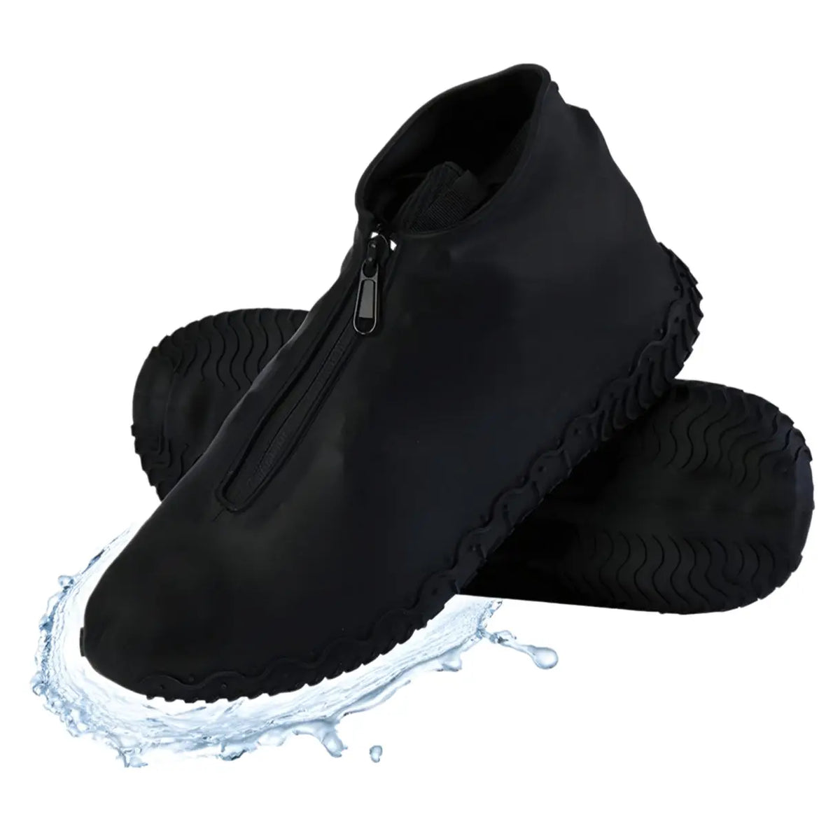 Black waterproof ankle boots with a zipper, flexible rubber sole, ideal for outdoor activities and wet conditions.