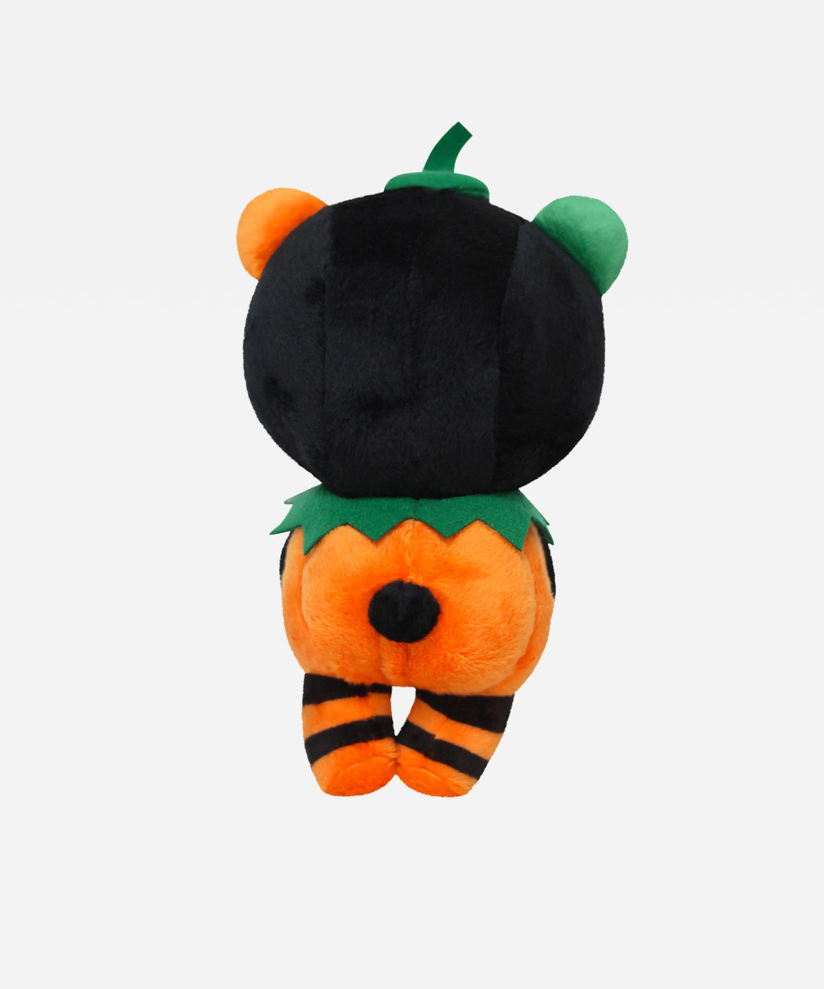 Back view of an 8" plush Gloomy Bear wearing a pumpkin suit with a green stem, orange fur, and black striped legs.