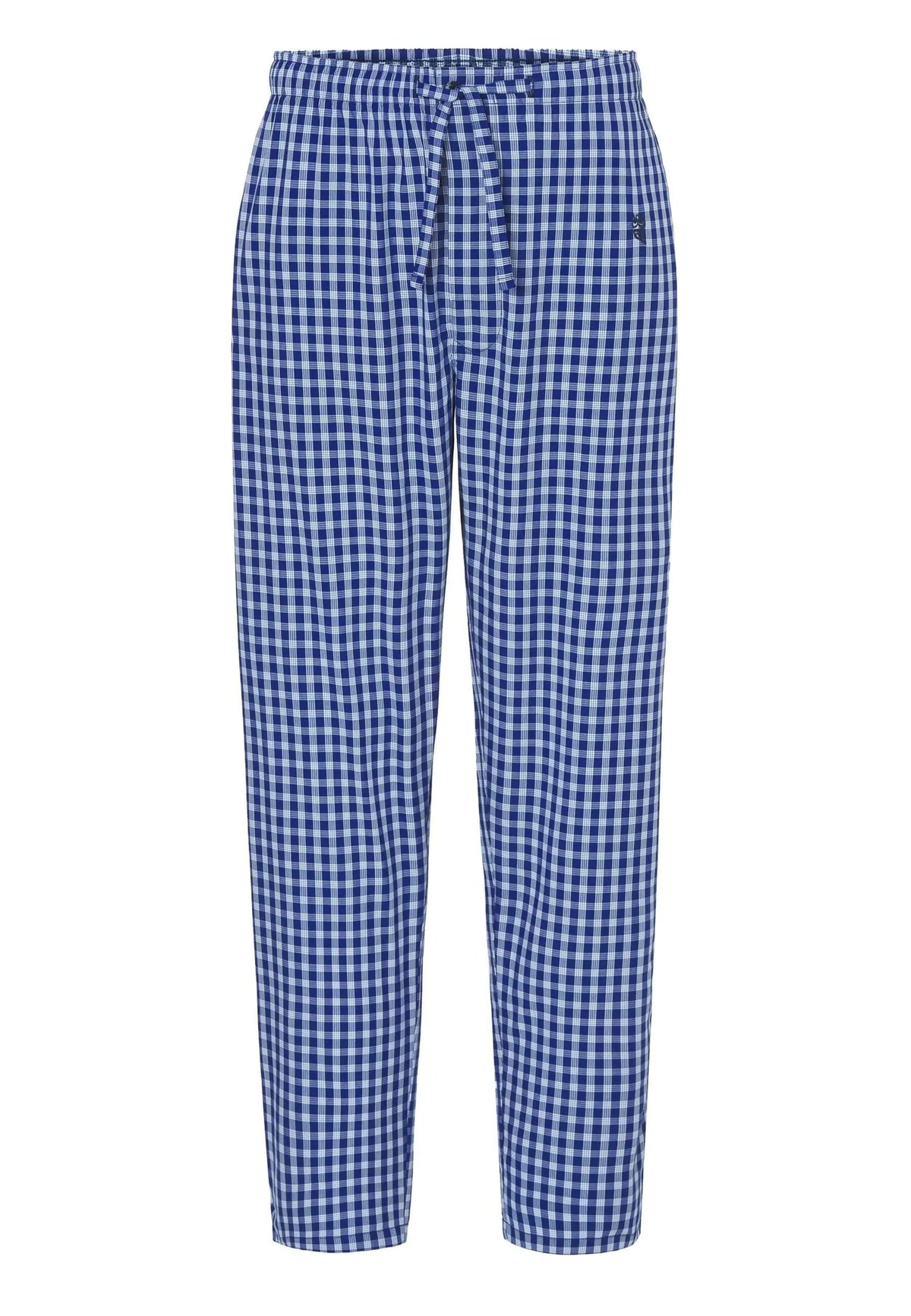 Pantalón de pijama largo para hombre de popelín, con estampado de cuadros azules y blancos y cintura elástica ajustable.