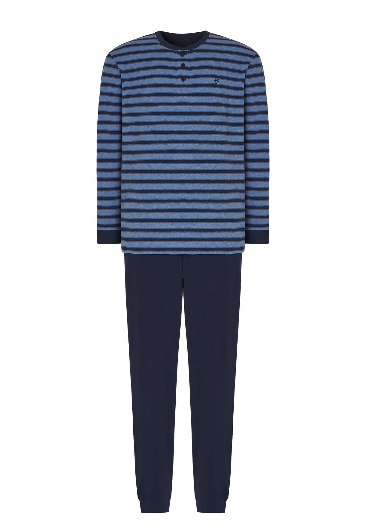 Pijama de hombre azul: camiseta de rayas horizontales con botones y cuello redondo, y pantalón largo liso a juego.