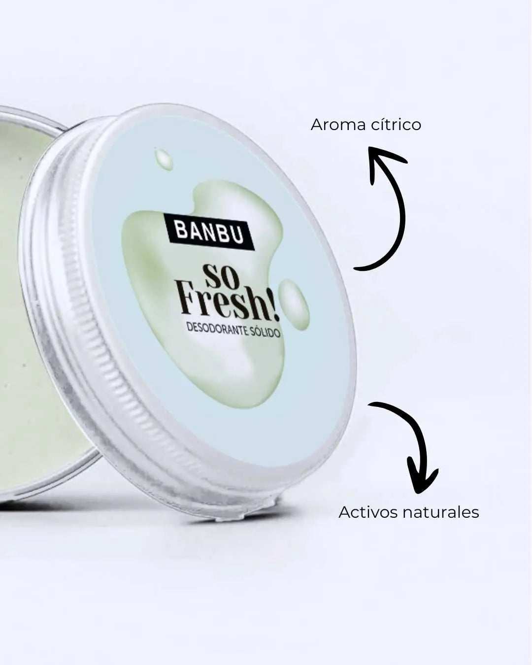 Tarrina de aluminio con desodorante sólido Banbu So Fresh, de color verde claro, con aroma cítrico y activos naturales.