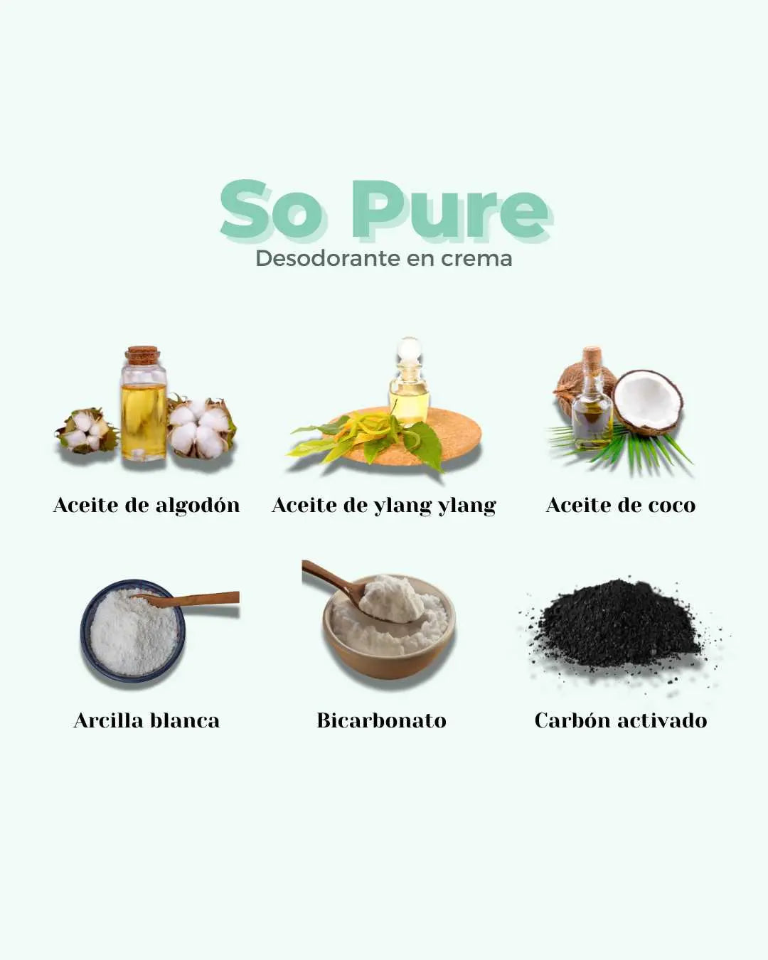 Ingredientes naturales del desodorante en crema So Pure de Banbu: aceites, arcilla, bicarbonato y carbón activado.