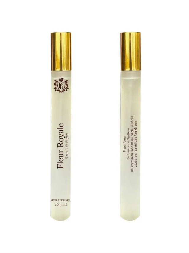 Two slim glass perfume spray tubes with gold caps, featuring "Fleur Royale" branding and product details on labels.