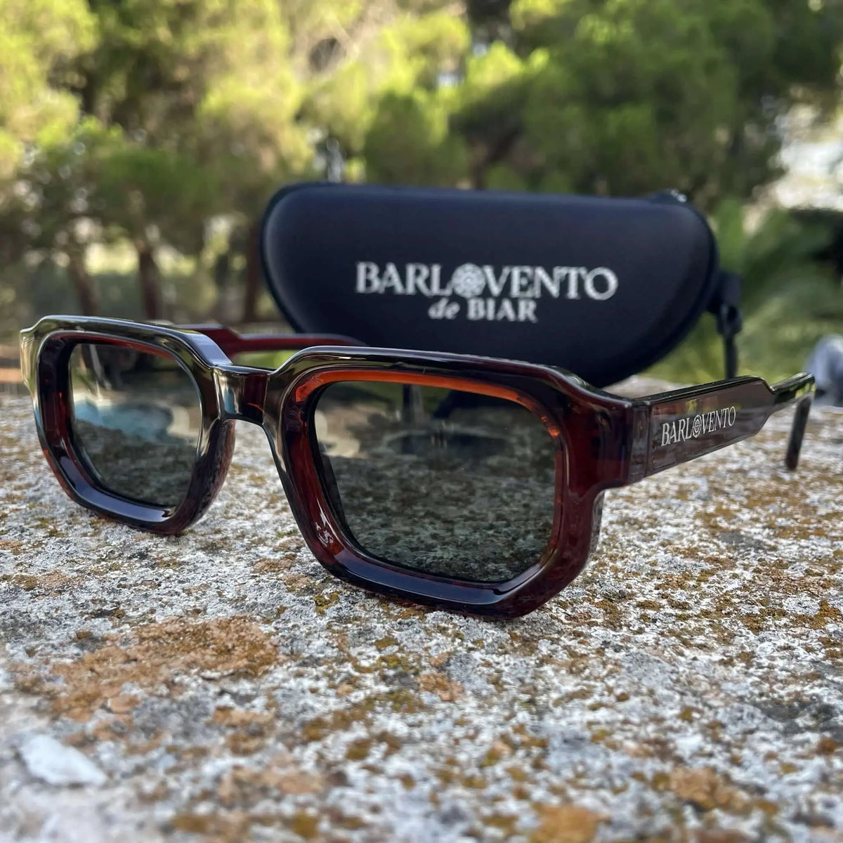 Gafas de sol rectangulares de acetato en rojo oscuro traslúcido con lentes verdes oscuras y estuche negro.
