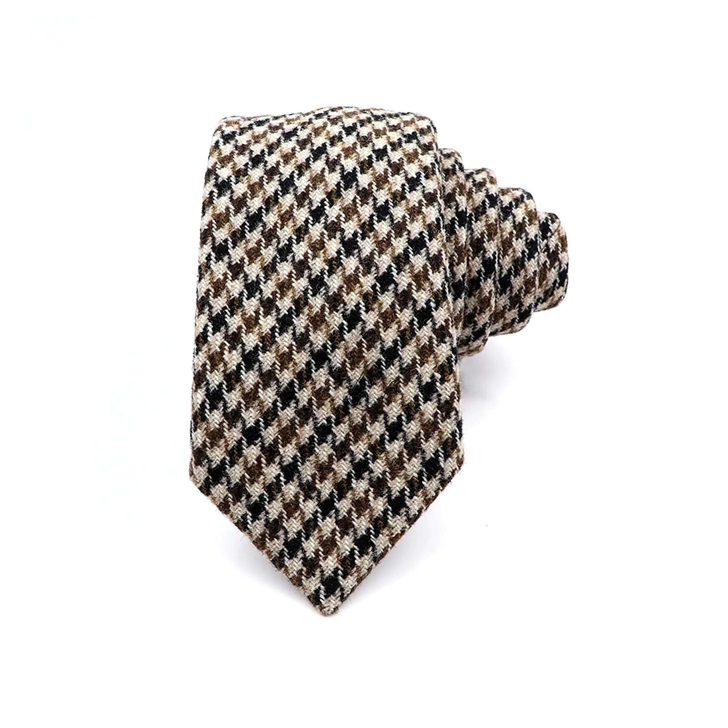 Corbata de lana enrollada con estampado de pata de gallo en tonos marrones, beige y negro. Estilo clásico.
