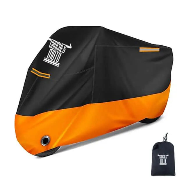Funda impermeable ChuchesMoto negra y naranja con detalles reflectantes y bolsa de transporte incluida.