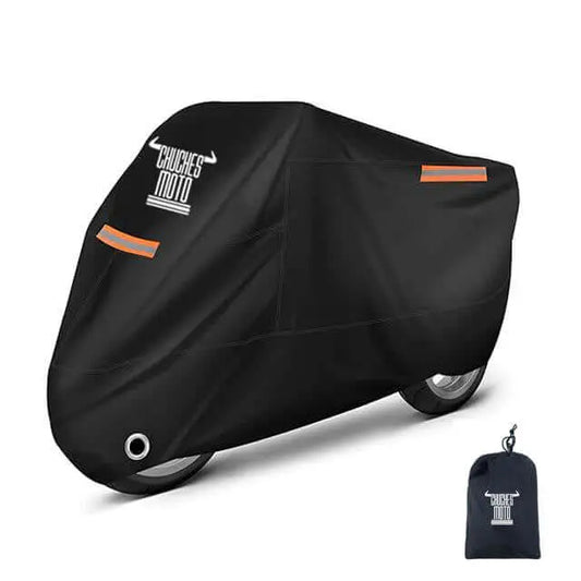 Funda negra protectora ChuchesMoto de material resistente, con bandas reflectantes naranjas y ojal metálico de seguridad.