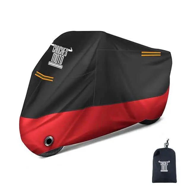 Funda impermeable para moto ChuchesMoto, bicolor negro y rojo con detalles reflectantes y bolsa de transporte incluida.