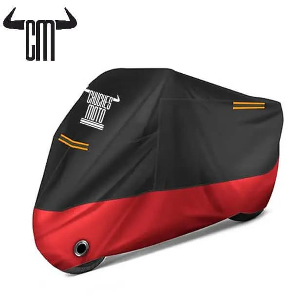 Funda para moto ChuchesMoto bicolor negro y rojo con ojales metálicos, diseño impermeable y resistente de alta calidad.