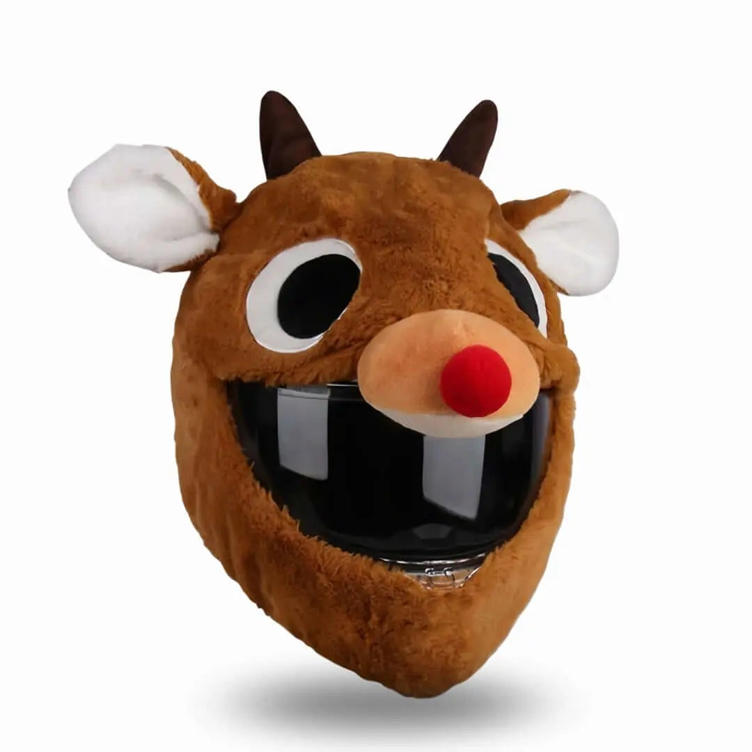 Funda de casco de moto ChuchesMoto diseño reno: peluche marrón suave, orejas blancas, cuernos y nariz roja brillante.