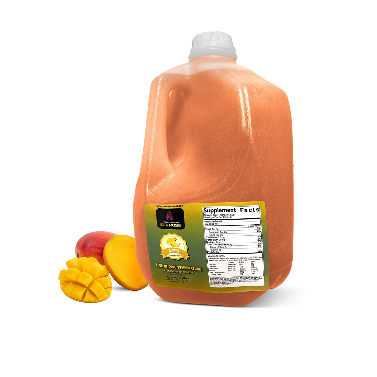 64oz plastic jug of orange mango-flavored sea moss gel with supplement facts label and fresh mangoes on the side.